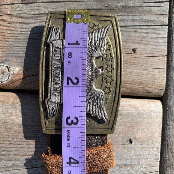 Vintage Y2K Distressed Brown Leather Brass Silver Eagle Buckle Waist Belt - Picture 15 of 16